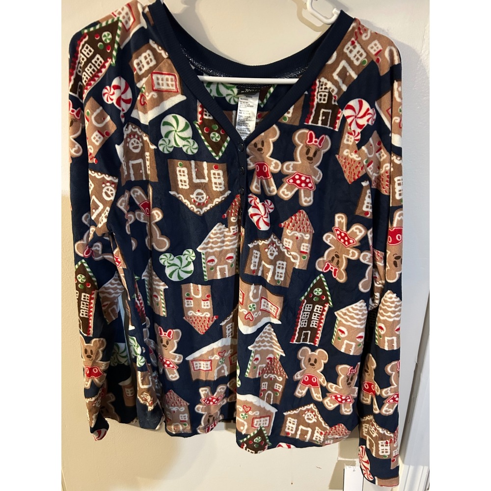 Disney Mickey Minnie Gingerbread Holiday Pajama Top Navy Plush Fleece XL 16-18 - Picture 2 of 9
